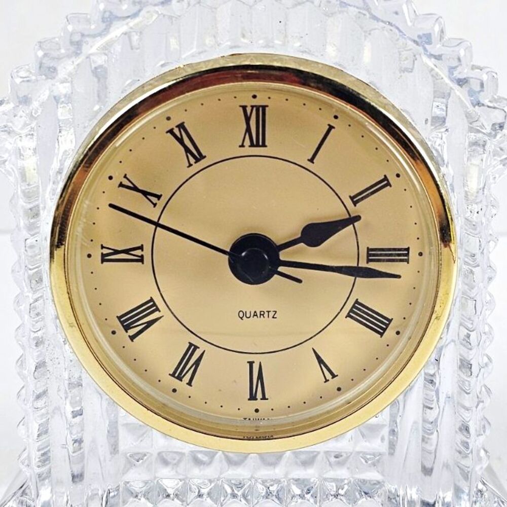 HAUSIN Clear Crystal Quartz Desk Clock Roman Numerals Gold Tone Rectangular